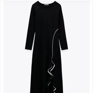 Zara NWT Black Long Sleeve Midi Dress with Ruffled White Piping